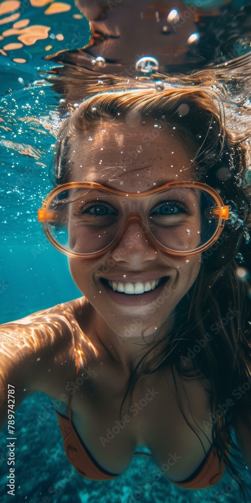 Naklejka premium Vibrant underwater portrait of smiling woman in orange swimwear, blue water bubbles around, captures joyful summer mood, suitable for leisure-themed promotions.