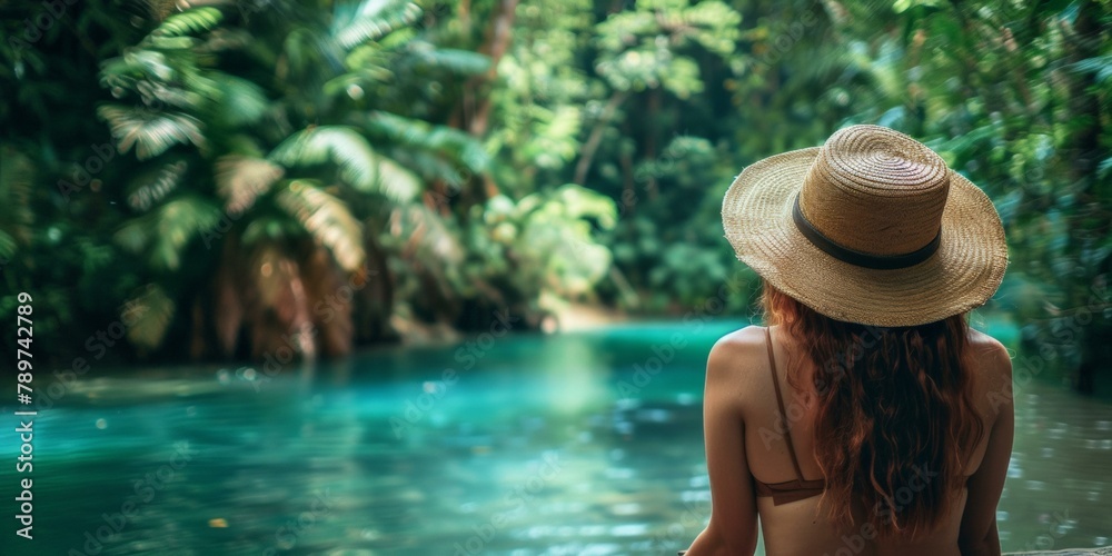Beautiful woman gazing at tranquil tropical river, surrounded by lush greenery, evoking feelings of peaceful summer escapes and nature retreats. Copy space