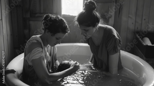 A midwife kneels by the side of a serene birthing tub gently helping a mothertobe through the final stages of labor. The peaceful expression on the mothers face belies the intense . photo