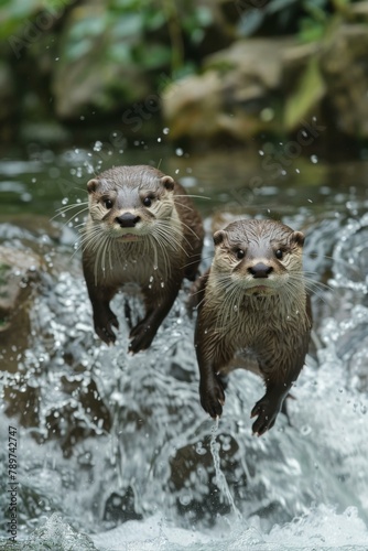 Two otters jumping into a river from the bank. Generative AI. © serg3d