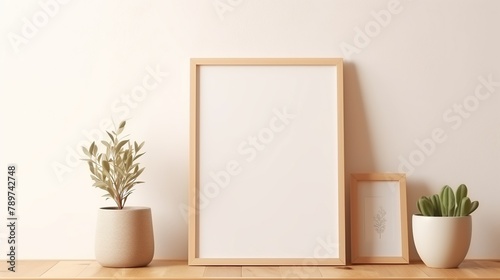Cozy living room interior with indoor plant and picture frame on wall with natural shadow from window.