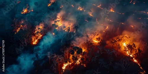 Vivid aerial view of devastating wildfire engulfing forest at night, intense orange flames contrast with dark smoke, highlighting environmental issues.