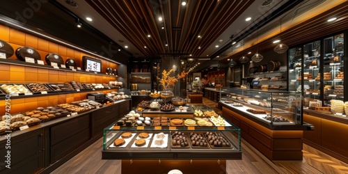 Elegant bakery interior showcasing array of fresh pastries and breads, warm wooden accents, and ambient lighting in modern shop design.