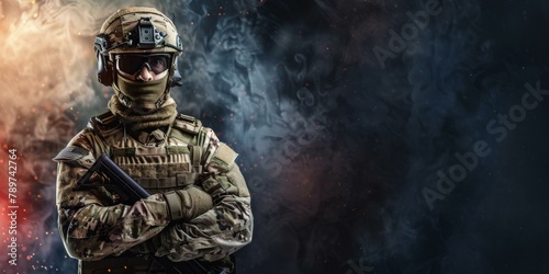 Powerful armed soldier in full combat gear against dramatic smoke-filled background, evokes themes of military readiness and defense. photo