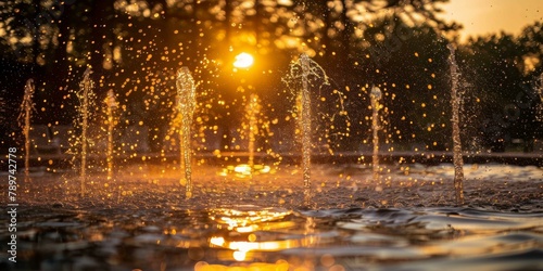 Stunning sunset-lit water fountain display with vibrant orange hues, capturing playful summer evening vibes. © BrightWhite