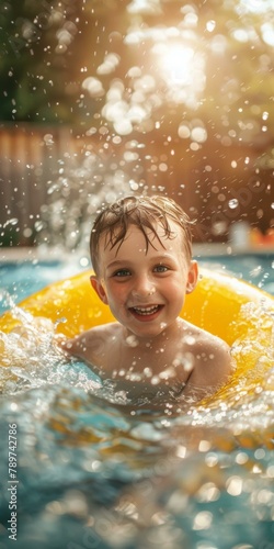 Joyful young boy splashing in sunlit pool  summer fun mood  yellow float  clear blue water  shiny droplets cascade around  sunny day vibes.