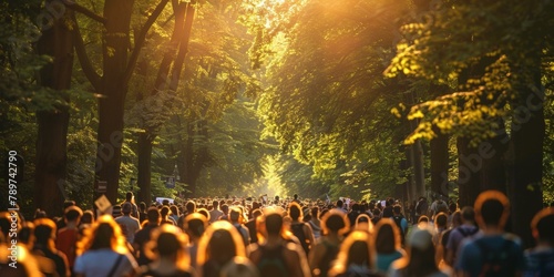 Fototapeta Naklejka Na Ścianę i Meble -  Glowing sunset bathes large crowd in dense forest or park during summer festival, conveying warmth and community spirit, vibrant orange tones dominate.