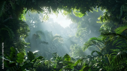 Lush tropical rainforest canopy frame with vibrant green foliage  soft sunlight filtering through  capturing the essence of untouched nature and adventure.