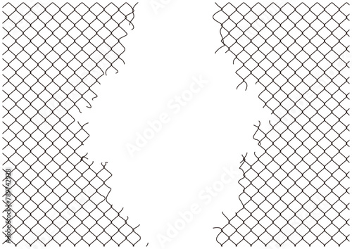 穴が空いて壊れた古いフェンス金網のベクターフレーム背景