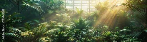 Ecology system thriving in a biodome  futuristic conservation with a retro twist