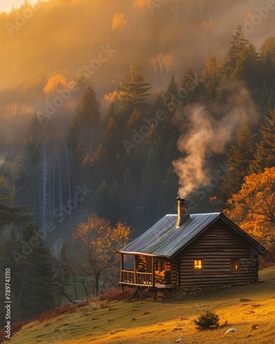 Rustic mountain cabin at sunrise, smoke from the chimney, a peaceful retreat
