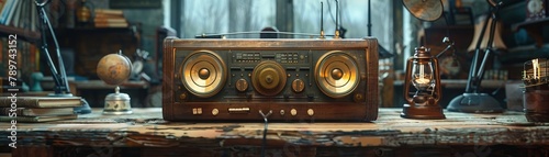 Vintage pirate radio station, broadcasting from the unknown, music and rebellion, waves of change photo
