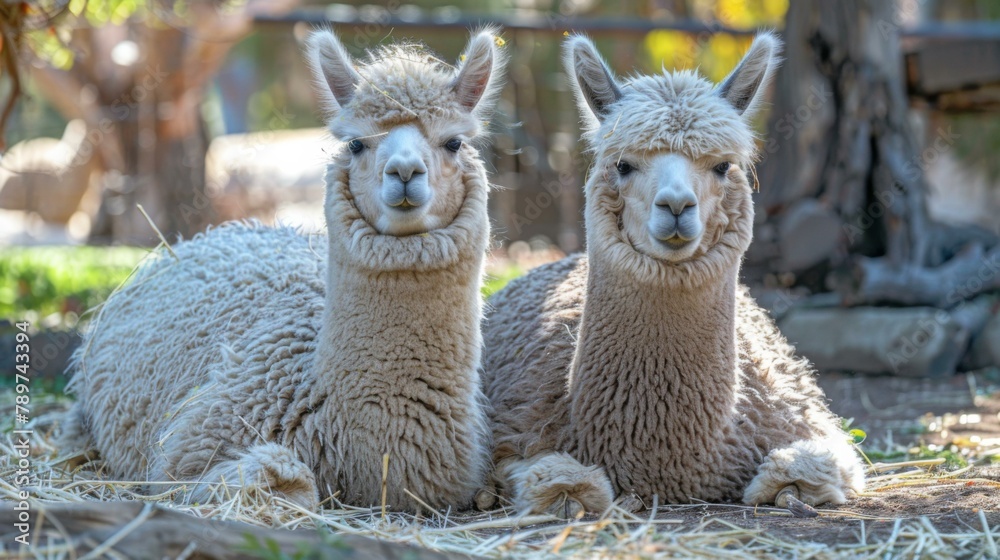 Obraz premium Two alpacas are laying down in the grass next to each other. Generative AI.