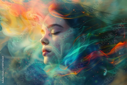 whimsical dream concept of young girl with colorful breath trails surreal digital painting