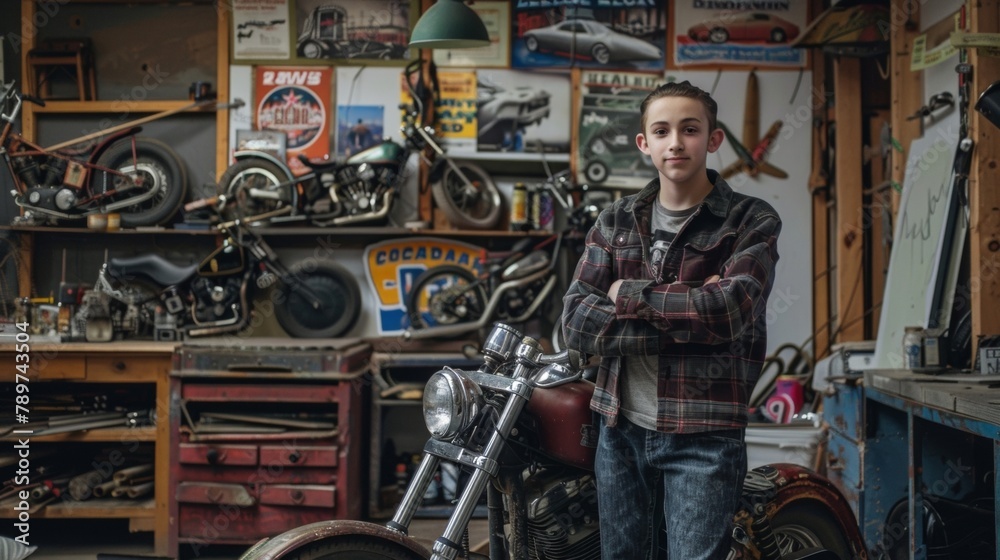 A young apprentice stands proudly next to a custombuilt motorcycle showcasing the skills he has learned while working in the workshop. The walls behind him are adorned with posters .