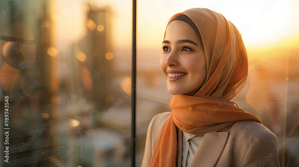 Successful middle eastern businesswoman standing in big city modern skyscrapers dreaming on new opportunities Successful middle eastern businesswoman standing in big city modern skyscrapers dreaming on new opportunities