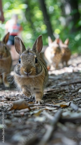 A group of rabbits are walking on a trail in the woods. Generative AI.