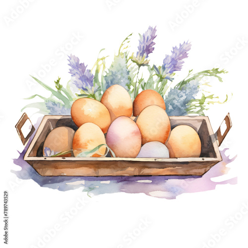 A watercolor painting of fresh eggs in a wooden tray