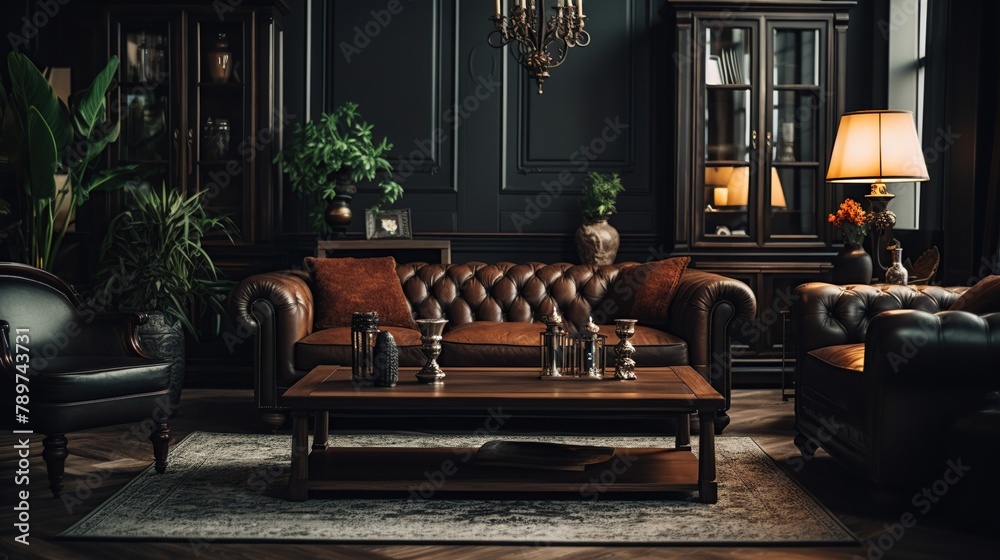 Fototapeta premium Luxury house living room interior with large sofa and wooden table in dark color.