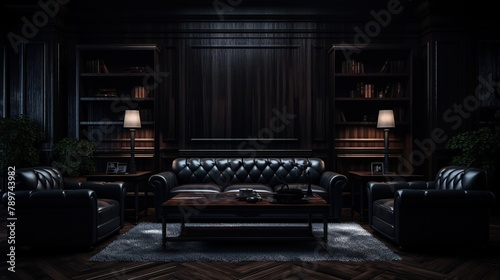 Luxury house living room interior with large sofa and wooden table in dark color.