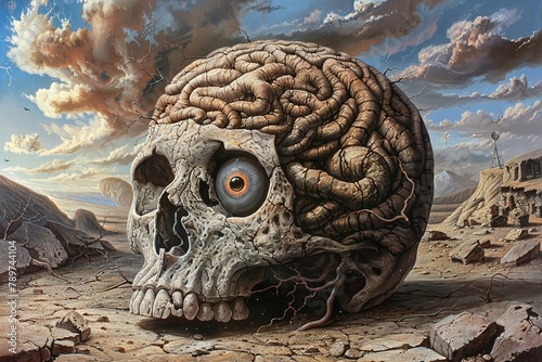 Surrealist vision of a skull with a labyrinthine brain, each convulsion an eye, a window into the soul photo