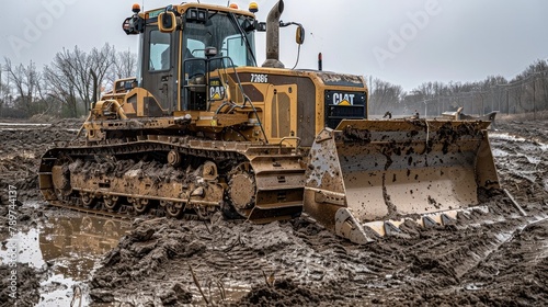 Powerful Tracked Bulldozer Navigating Muddy Terrain on an Overcast Winter Day