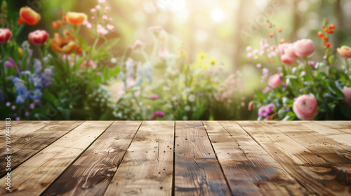 Wooden tabletop foreground with lush garden flowers in dreamy bokeh background  Concept of spring and nature-infused interior design.