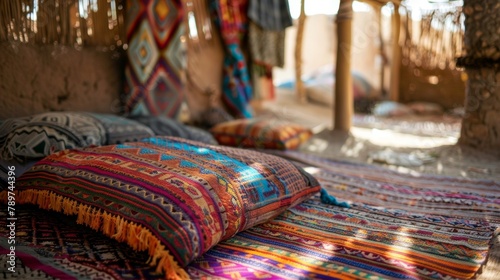Dream of ancient tales and legends as you doze off in a traditional Bedouin sleeping setup adorned with colorful textiles and patterns. 2d flat cartoon. photo