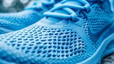 Closeup of a vibrant blue mesh running shoe highlighting the breathable fabric and support structure for the foot. .