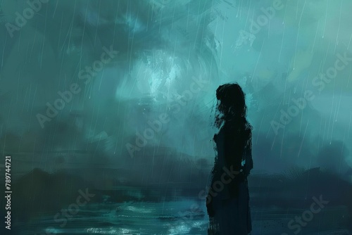 woman standing alone in the rain contemplative mood emotional concept digital painting