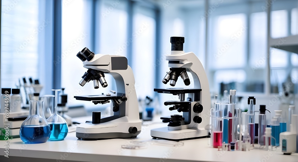 Modern Medical Research Laboratory with Microscope and Test Tubes with Biochemicals on the Desk. Scientific Lab Biotechnology Development Center of High-Tech Equipment, Technology. Modern Medical Research Laboratory with Microscope and Test Tubes with Biochemicals on the Desk. Scientific Lab Biotechnology Development Center of High-Tech Equipment, Technology.