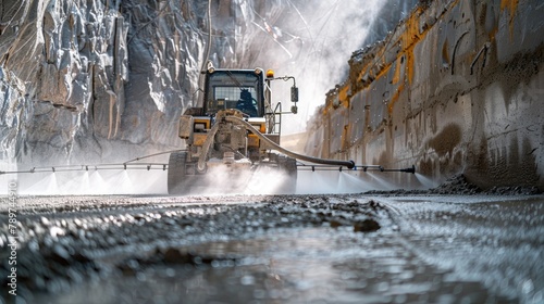 Heavy Machinery Spraying Concrete in Underground Tunnel Construction Site photo