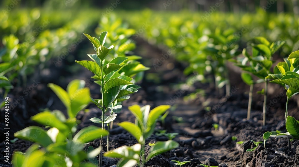 Young green plants in row on fertile farmland with sunlight Young green plants in row on fertile farmland with sunlight