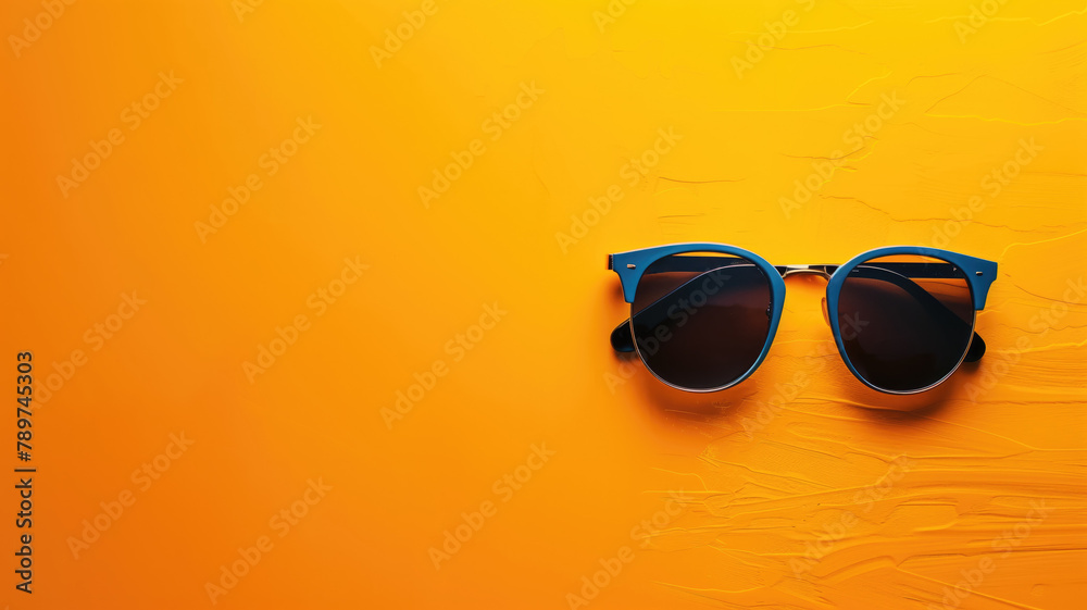 Blue sunglasses on textured orange background with space for text