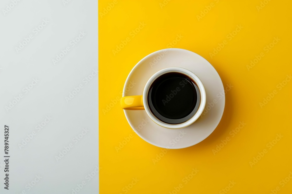 yellow and white coffee cup on bright background top view composition - obrazy, fototapety, plakaty 