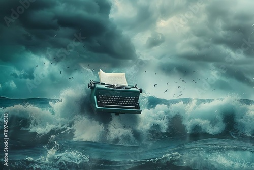 writers imagination typewriter flying over stormy sea creative process concept surreal digital art
