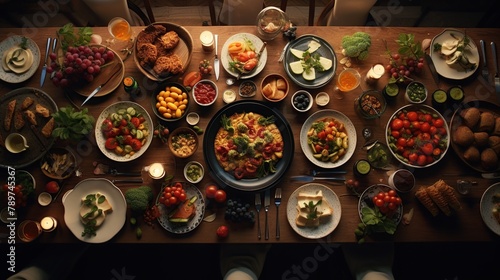 Dinner table with various food seen from top view image. photo