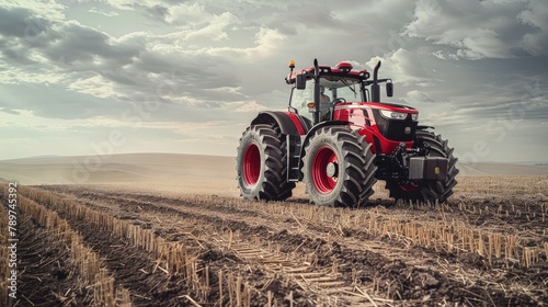 Powerful Tractor Plowing Fertile Farmland in Dramatic Countryside Landscape with Cloudy Sky photo