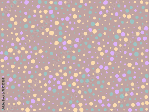 Abstract geometric pattern. Multicolored polka dots on a brown background. Seamless print with uneven dots is ideal for fabric, wrapping paper.
