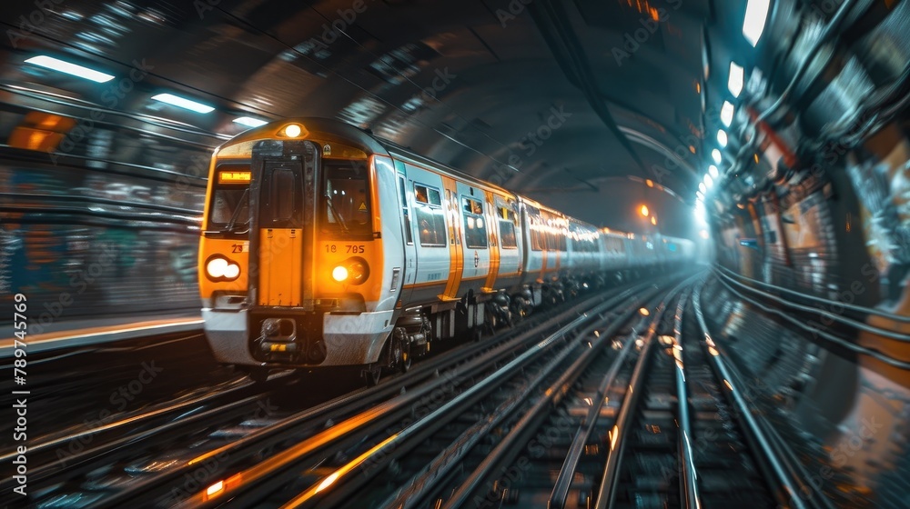 High Speed Underground Train Rushing Through Illuminated Tunnel