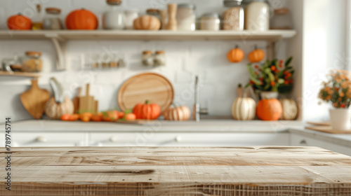 Rustic wooden surface with blurred autumn kitchen interior and seasonal decorations  Concept of home comfort and fall celebrations.