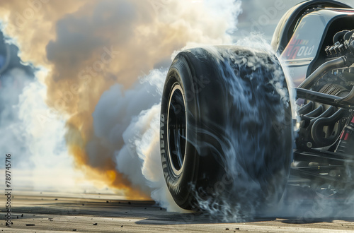Drag car rubber tire smoking from a burnout on a race track
