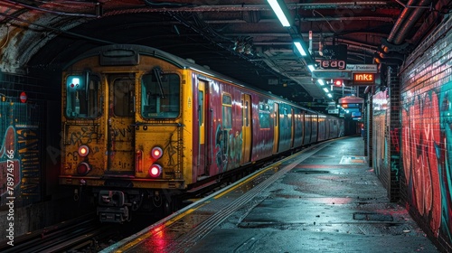 Moody and Atmospheric Underground Locomotive in Abandoned Subway Station with Vintage Charm