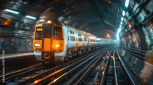 High Speed Underground Train Rushing Through Illuminated Tunnel