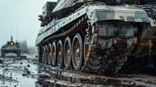 Heavily Armored Military Personnel Carrier Navigating Treacherous Snowy Terrain photo