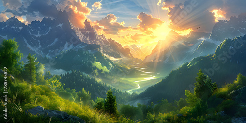 A beautiful, magical sunrise over green mountains, creating an enchanting and dreamy atmosphere. © ELmidoi-AI
