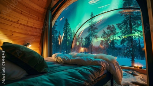 An enchanting escape where the comforts of a cozy bed meet the aweinspiring sights of the aurora allowing guests to drift off to sleep in a truly unforgettable way. 2d flat cartoon.