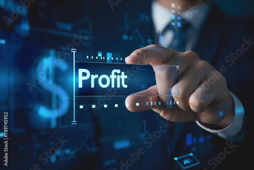 Businessman Elevates Profit Progress Bar on Dark Background photo