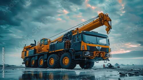 Powerful Mobile Crane Lifting Heavy Cargo at Construction Site Under Dramatic Cloudy Sky photo