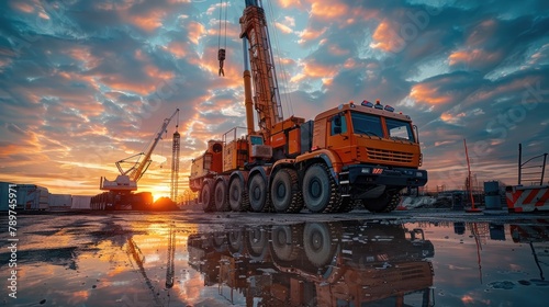 Powerful Mobile Crane Silhouetted Against Vibrant Sunset Backdrop with Dramatic Reflections on Wet Surface photo
